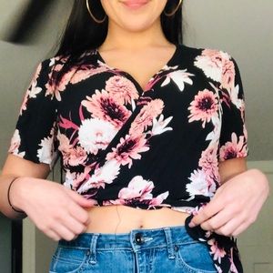Black floral tie around crop top